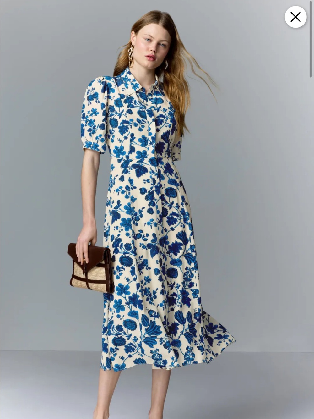 LK Bennett White Midi Dress with Blue Floral Print
